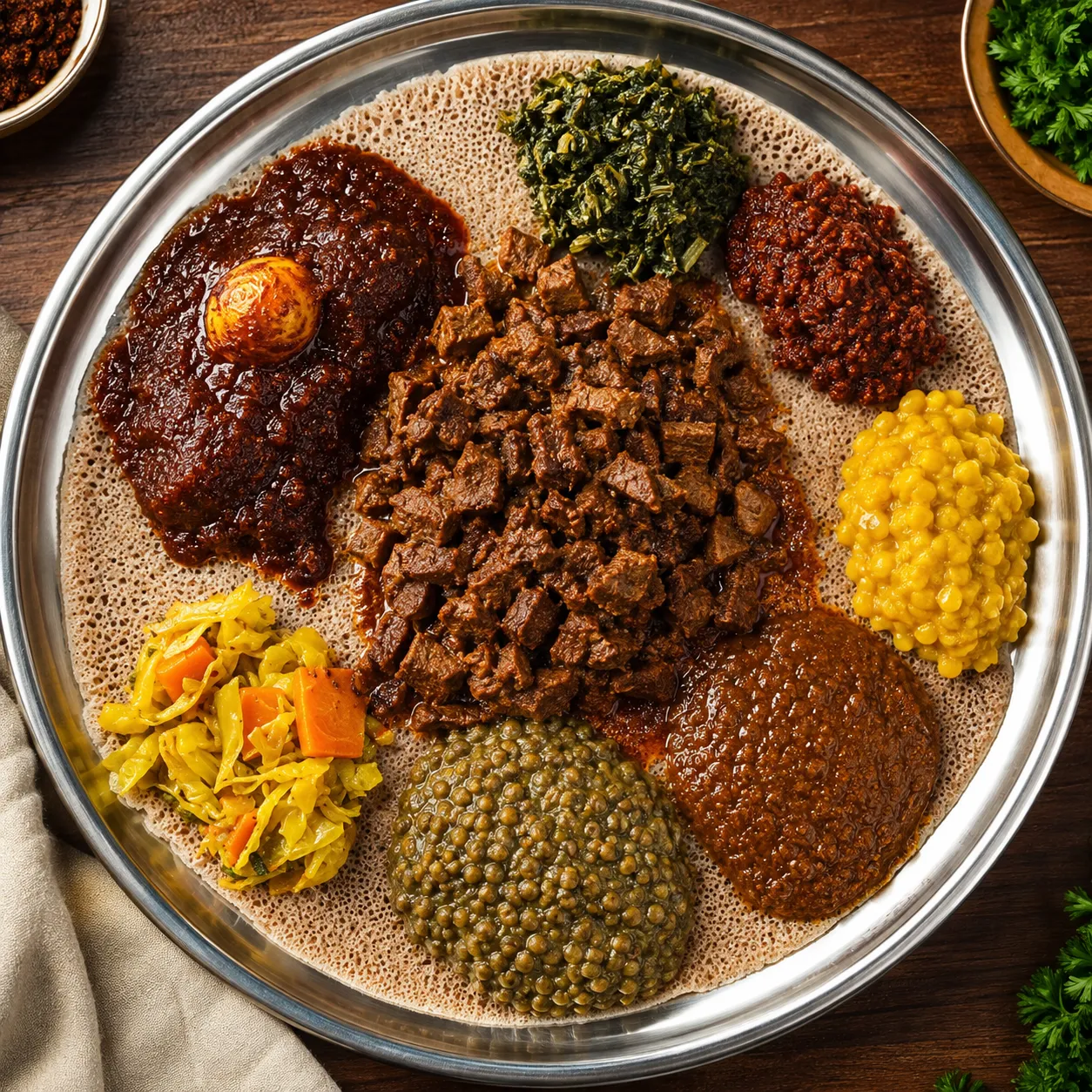 Meat combo injera platter for sharing at Baro Ethiopian-Eritrean Cuisine in Winnipeg